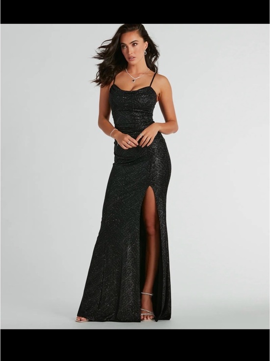 Windsor Dresses & Skirts - Windsor Black Sparkle Cowl Neck Slit Gown